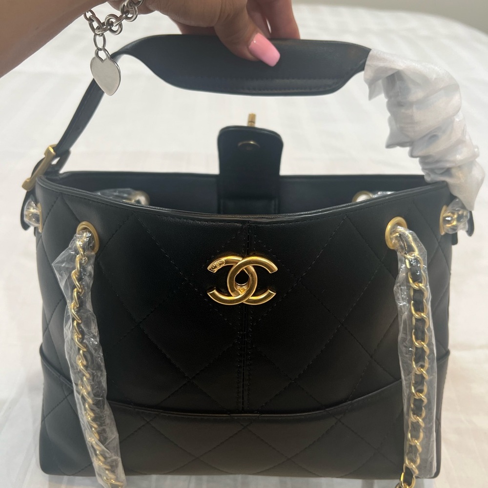 Black Quilted Shoulder Bag with Gold Chain Straps